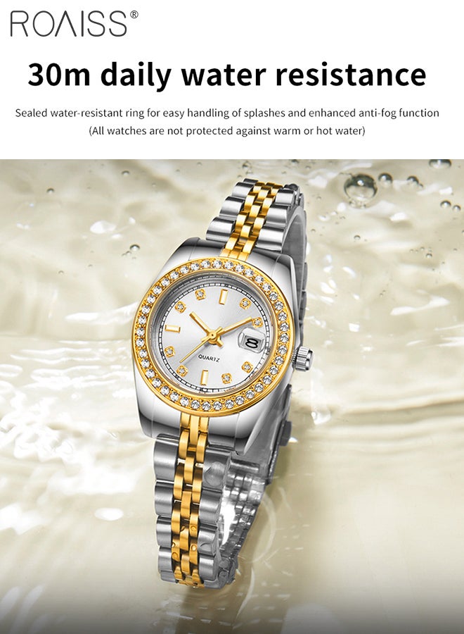 Stainless Steel Strap Couple Quartz Watch Set, Analog Display Round Dial with Rhinestones-Set Bezel, Luxurious Luminous Waterproof Calendar Watch Gift for Men Women