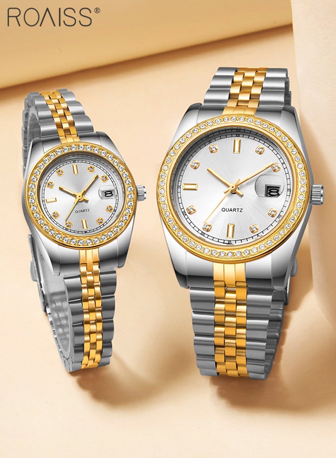 Stainless Steel Strap Couple Quartz Watch Set, Analog Display Round Dial with Rhinestones-Set Bezel, Luxurious Luminous Waterproof Calendar Watch Gift for Men Women