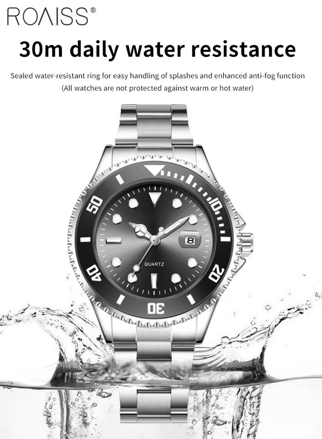 Stainless Steel Strap Couple Quartz Watch Set, Analog Display Round Dial with Rotatable Bezel, Luminous Waterproof Calendar Watch Gift for Men Women