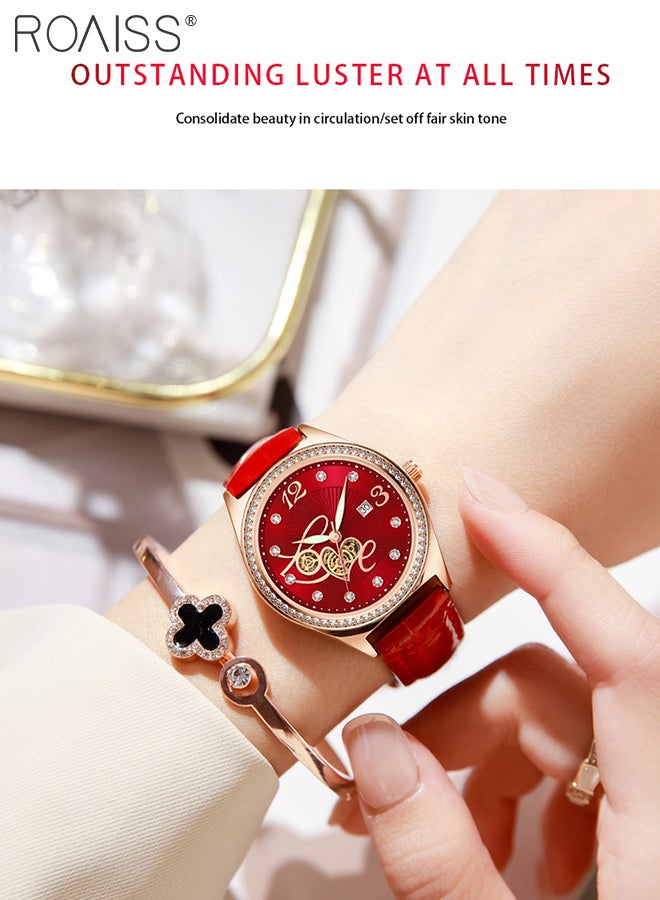 2PCS Women's Leather Strap Bracelet Watch Set Analog Display Round Dial Quartz Watch with Four-Leaf Clover Bracelet Elegant Watch Set as Gift for Ladies