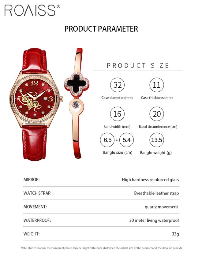 2PCS Women's Leather Strap Bracelet Watch Set Analog Display Round Dial Quartz Watch with Four-Leaf Clover Bracelet Elegant Watch Set as Gift for Ladies