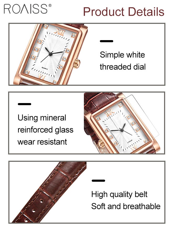 PU Leather Strap Couple Quartz Watch Set, Analog Display Rectangle Dial with Rhinestones Decoration, Luxurious Waterproof Wristwatch Gift for Men Women