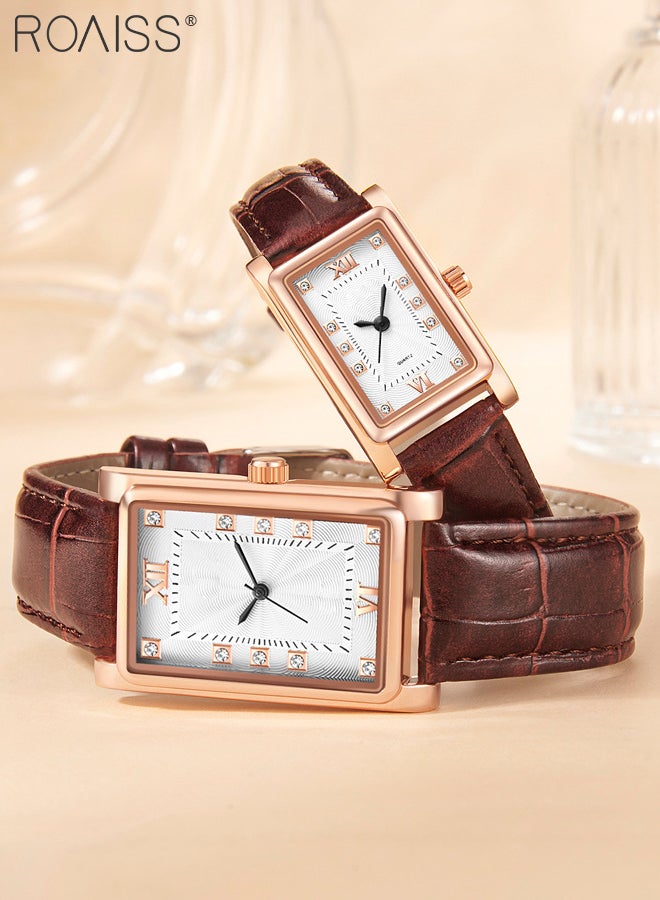 PU Leather Strap Couple Quartz Watch Set, Analog Display Rectangle Dial with Rhinestones Decoration, Luxurious Waterproof Wristwatch Gift for Men Women