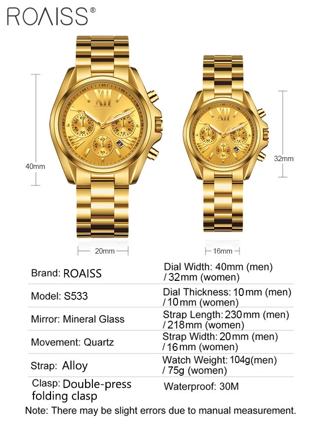 Alloy Strap Couple Quartz Watch Set, Analog Display Round Dial with Three Subdials Decoration, Luxurious Luminous Waterproof Calendar Watch Gift for Men Women, Gold