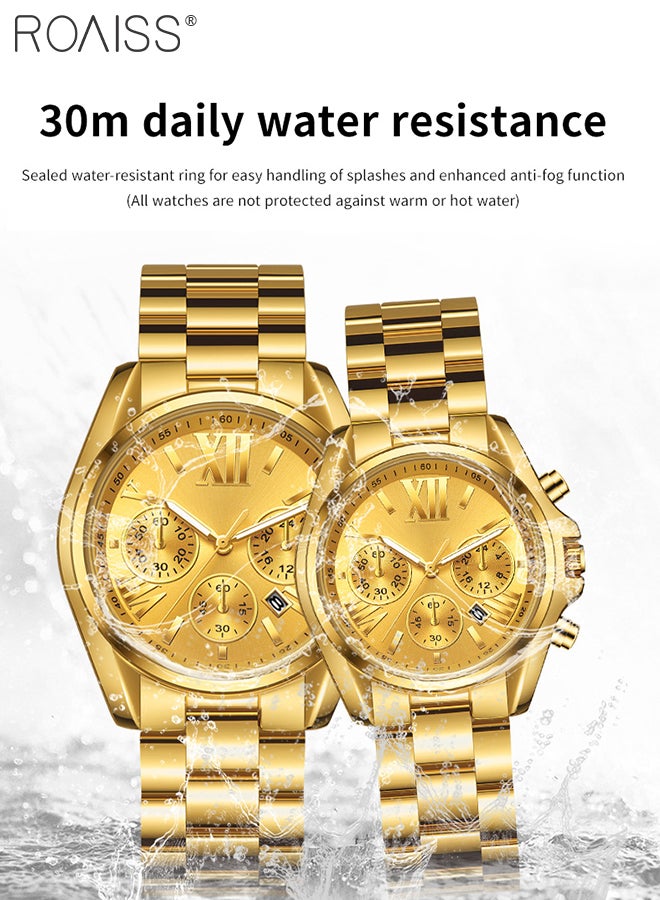 Alloy Strap Couple Quartz Watch Set, Analog Display Round Dial with Three Subdials Decoration, Luxurious Luminous Waterproof Calendar Watch Gift for Men Women, Gold