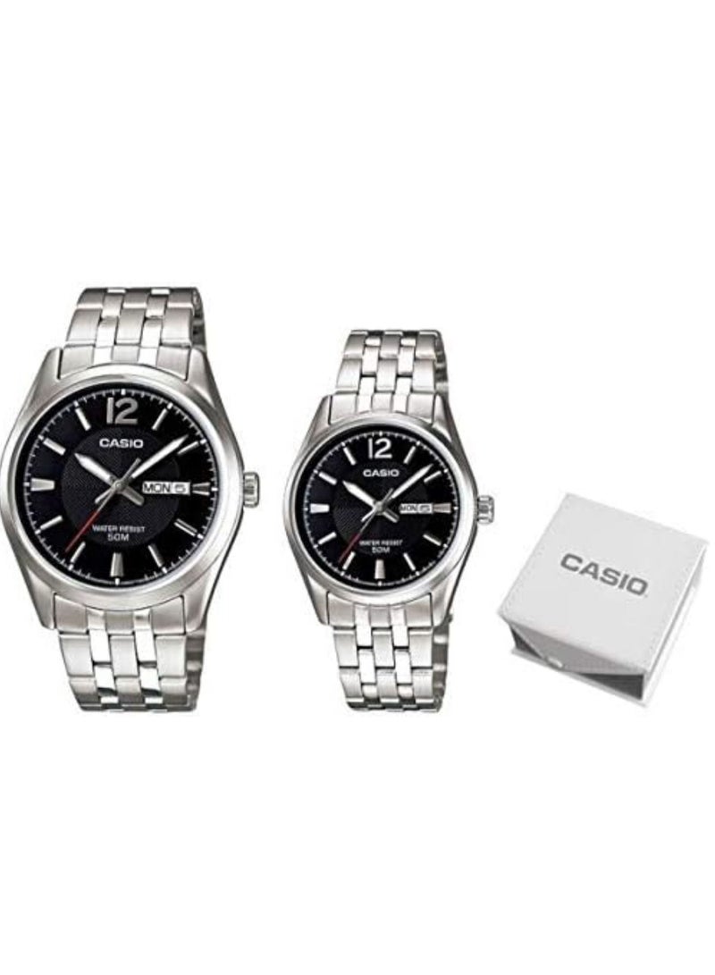 Casio His and Her Stainless Steel Black Dial pair watch MTP/LTP-1335D-1AV