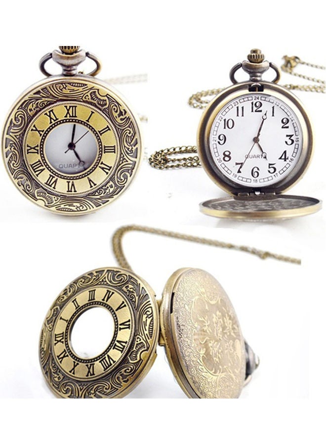 Vintage Unisex Hollow Round Dial Double Display Quartz Pocket Watch with Chain