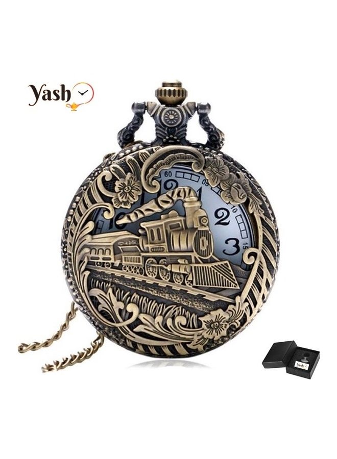 Retro 3D Train Engraved Analog Pocket Watch