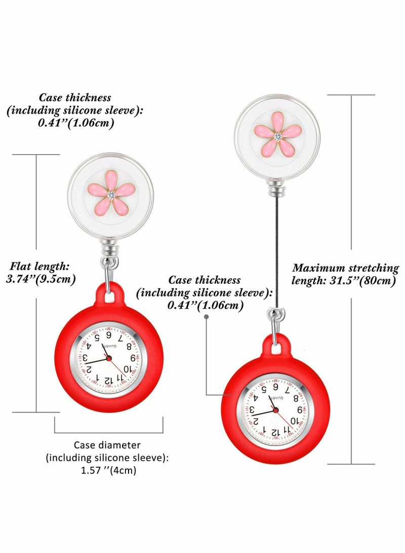 Retractable Nurse Watches, Clip-on Hanging Fob Portable Pocket Watch with Cute Flower Pattern, Lapel Watches for Nurses Doctors Silicone Cover
