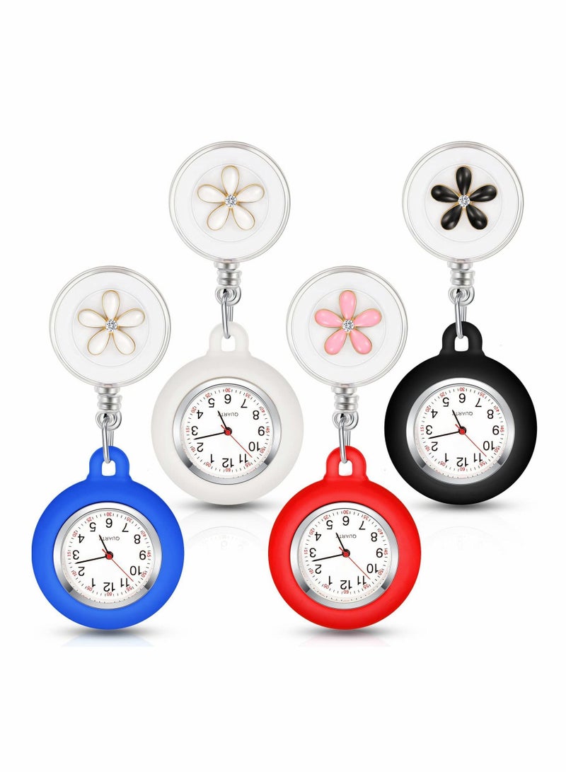 Retractable Nurse Watches, Clip-on Hanging Fob Portable Pocket Watch with Cute Flower Pattern, Lapel Watches for Nurses Doctors Silicone Cover