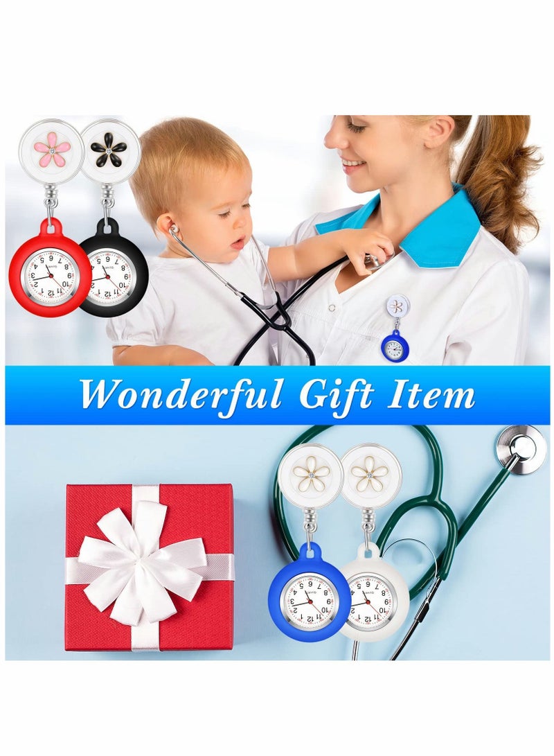 Retractable Nurse Watches, Clip-on Hanging Fob Portable Pocket Watch with Cute Flower Pattern, Lapel Watches for Nurses Doctors Silicone Cover
