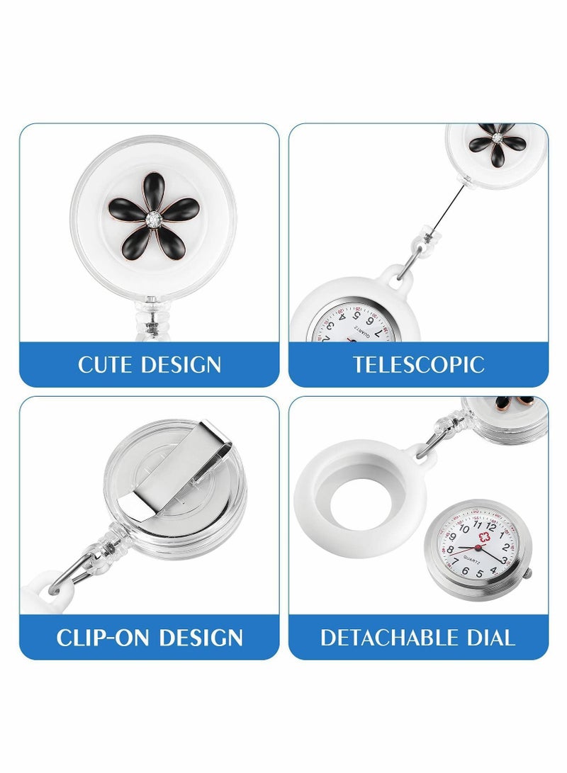 Retractable Nurse Watches, Clip-on Hanging Fob Portable Pocket Watch with Cute Flower Pattern, Lapel Watches for Nurses Doctors Silicone Cover