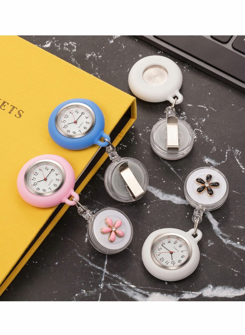 Retractable Nurse Watches, Clip-on Hanging Fob Portable Pocket Watch with Cute Flower Pattern, Lapel Watches for Nurses Doctors with Silicone Cover