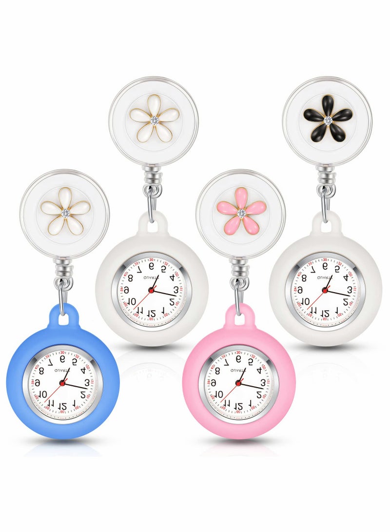 Retractable Nurse Watches, Clip-on Hanging Fob Portable Pocket Watch with Cute Flower Pattern, Lapel Watches for Nurses Doctors with Silicone Cover