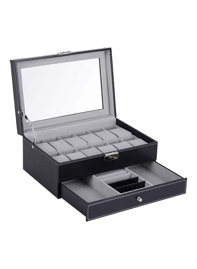 12 Slots PU Leather Case Organizer With Jewelry Drawer For Storage And Display