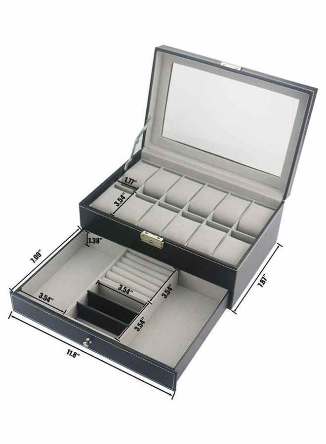 12 Slots PU Leather Case Organizer With Jewelry Drawer For Storage And Display