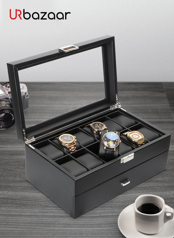 Watch Box for Men - 24 Slot Watch Display Case Organizer, Carbon Fiber Design -Watch Case for PU Leather Watch, Large Glass Top, Drawer & Leather Pillows- Black