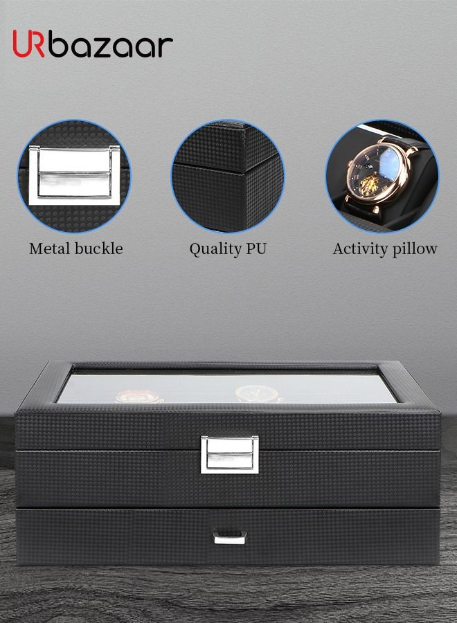 Watch Box for Men - 24 Slot Watch Display Case Organizer, Carbon Fiber Design -Watch Case for PU Leather Watch, Large Glass Top, Drawer & Leather Pillows- Black