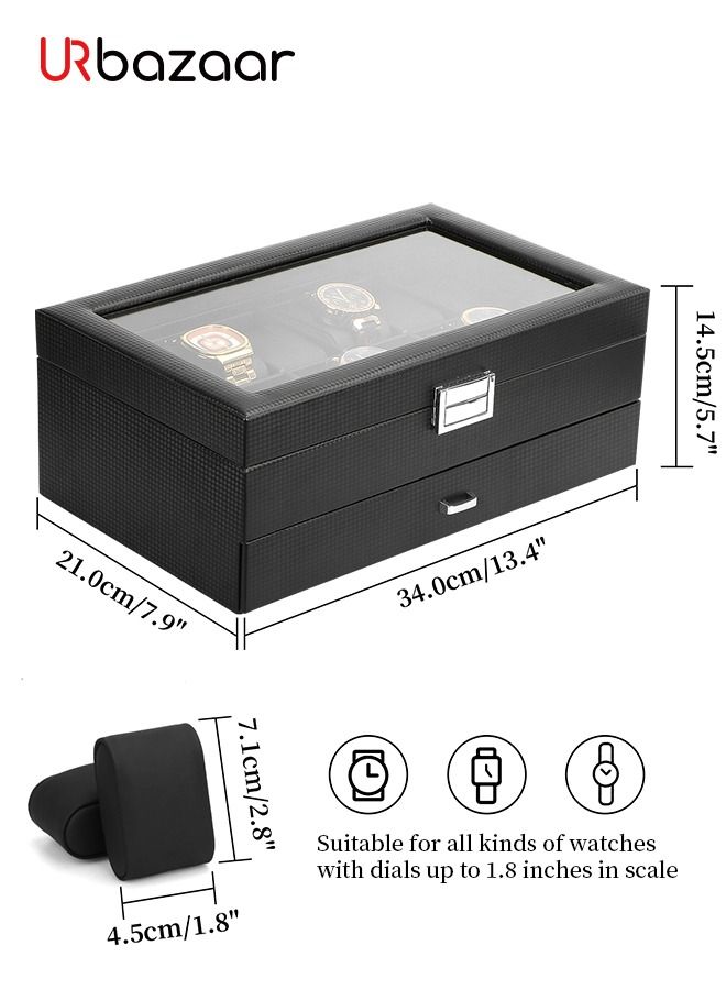 Watch Box for Men - 24 Slot Watch Display Case Organizer, Carbon Fiber Design -Watch Case for PU Leather Watch, Large Glass Top, Drawer & Leather Pillows- Black