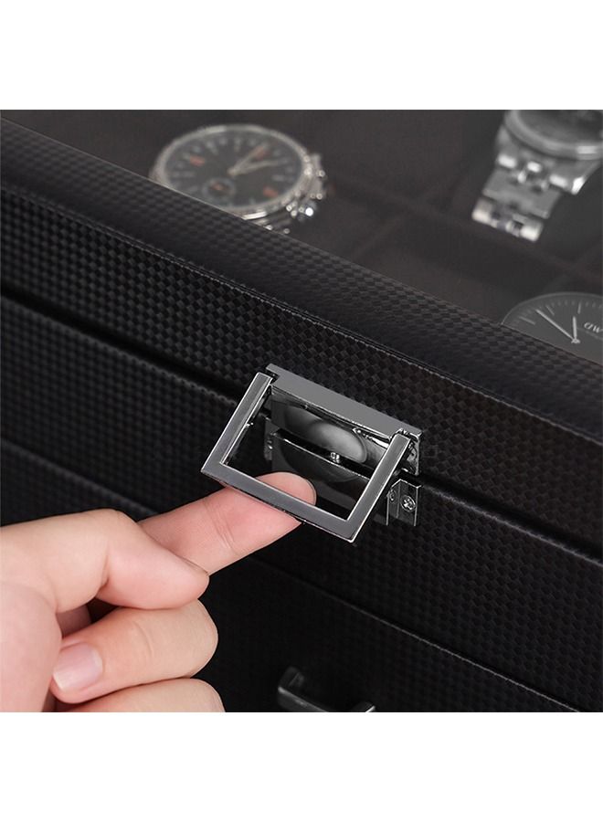 Watch Box for Men - 24 Slot Watch Display Case Organizer, Carbon Fiber Design -Watch Case for PU Leather Watch, Large Glass Top, Drawer & Leather Pillows- Black