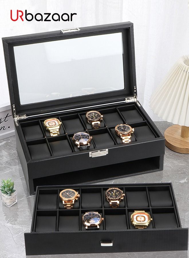 Watch Box for Men - 24 Slot Watch Display Case Organizer, Carbon Fiber Design -Watch Case for PU Leather Watch, Large Glass Top, Drawer & Leather Pillows- Black