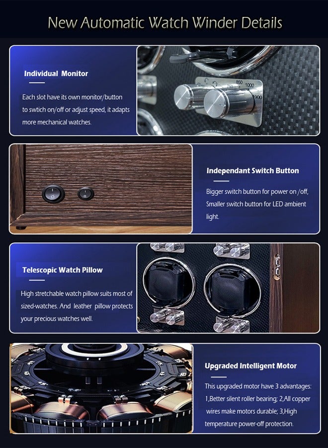 Automatic Watch Winder, Handmade Wooden Storage Display Box, Wristwatch Winding Case, Quiet Mabuchi /Motor for 6 Watches with LED Background, Suitable for Men’s and Women’s Mechanical Watches