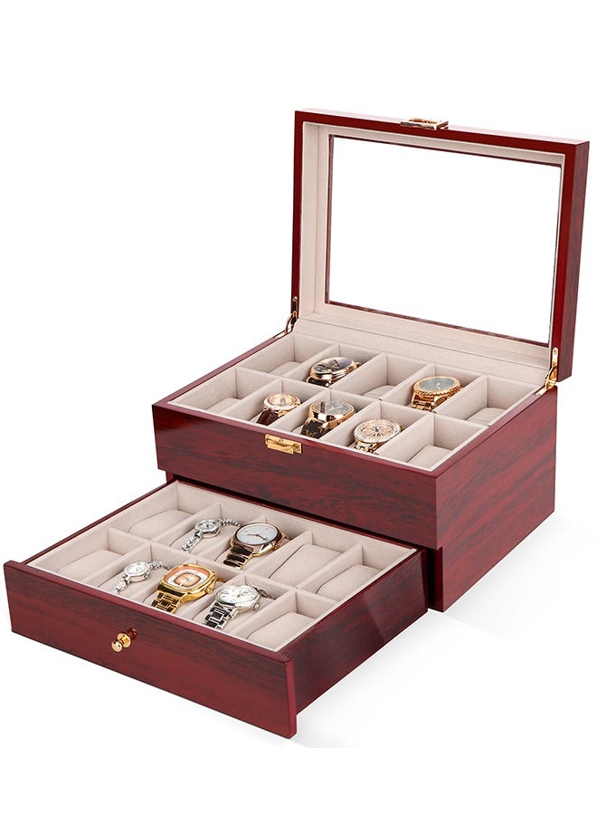 20 Slot Wooden Watch box - Luxury Watch Case Display Jewelry Organizer, Locking Watch Display Case Holder with Large Real Glass Top - Watch Box Organizer for Men and Women