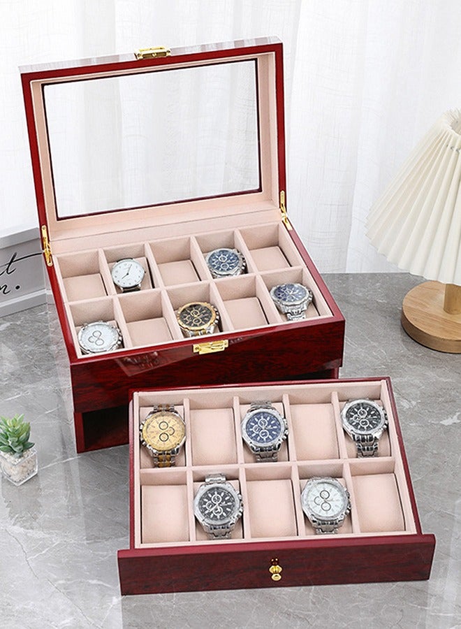 20 Slot Wooden Watch box - Luxury Watch Case Display Jewelry Organizer, Locking Watch Display Case Holder with Large Real Glass Top - Watch Box Organizer for Men and Women