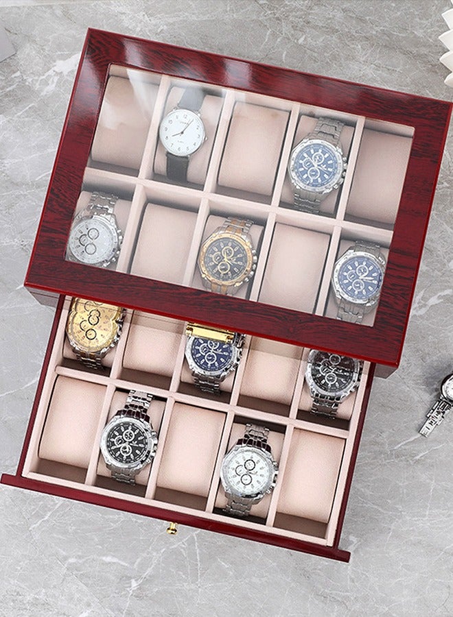 20 Slot Wooden Watch box - Luxury Watch Case Display Jewelry Organizer, Locking Watch Display Case Holder with Large Real Glass Top - Watch Box Organizer for Men and Women