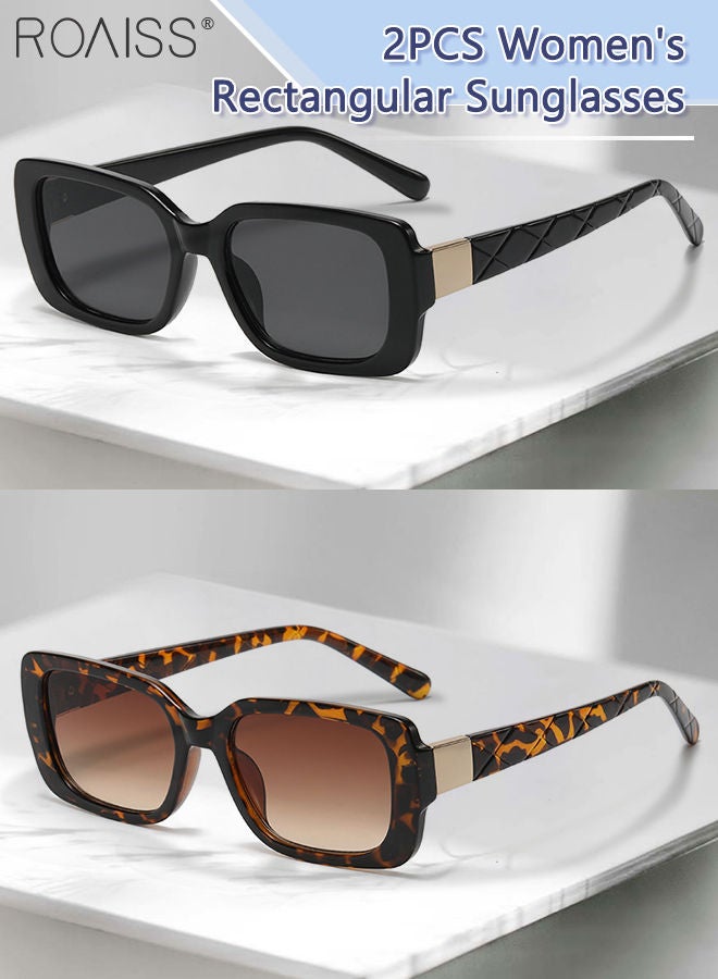 2PCS Women's Rectangular Sunglasses, UV400 Protection Sun Glasses, Fashion Decorative Eyewear for Outdoor Party Street Photography, Black and Leopard