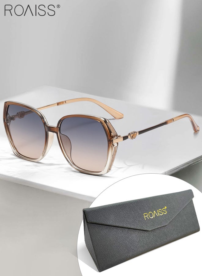 Women's Square Sunglasses, UV400 Protection Sun Glasses with Sequin Side Design, Fashion Anti-glare Sun Shades for Women with Glasses Case, 54mm, Transparent Brown