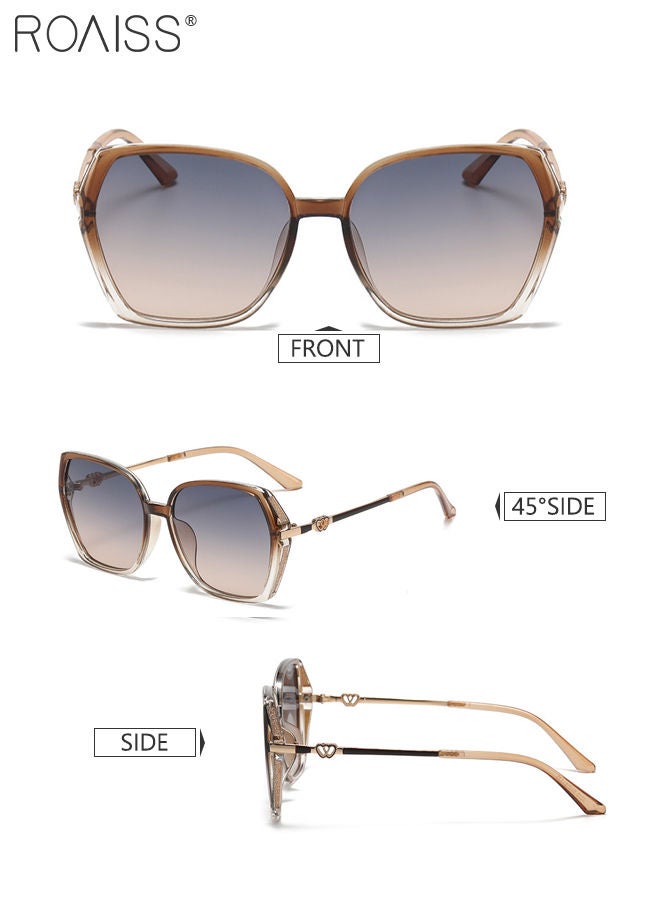 Women's Square Sunglasses, UV400 Protection Sun Glasses with Sequin Side Design, Fashion Anti-glare Sun Shades for Women with Glasses Case, 54mm, Transparent Brown