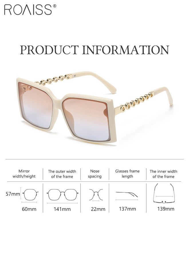 2PCS Women's Square Sunglasses, UV400 Protection Sun Glasses with Stylish Temples, Oversize Fashion Anti-glare Sun Shades for Women with Glasses Case, 60mm, Beige and Tortoiseshell