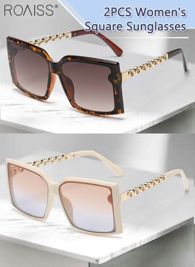 2PCS Women's Square Sunglasses, UV400 Protection Sun Glasses with Stylish Temples, Oversize Fashion Anti-glare Sun Shades for Women with Glasses Case, 60mm, Beige and Tortoiseshell