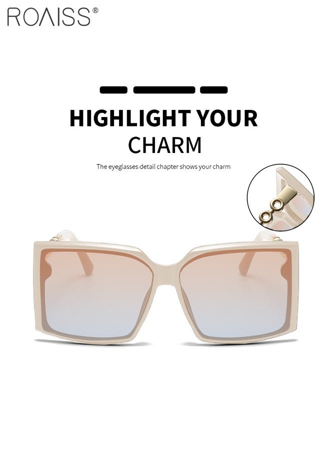 2PCS Women's Square Sunglasses, UV400 Protection Sun Glasses with Stylish Temples, Oversize Fashion Anti-glare Sun Shades for Women with Glasses Case, 60mm, Beige and Tortoiseshell