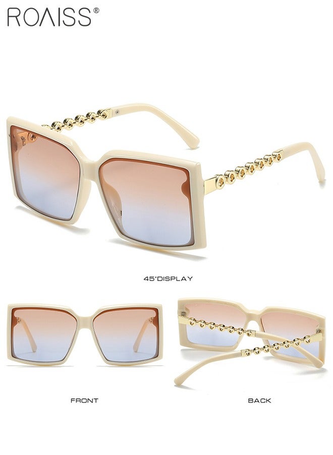 2PCS Women's Square Sunglasses, UV400 Protection Sun Glasses with Stylish Temples, Oversize Fashion Anti-glare Sun Shades for Women with Glasses Case, 60mm, Beige and Tortoiseshell
