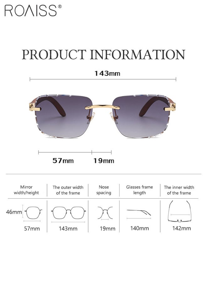 Women's Rectangular Rimless Sunglasses, UV400 Protection Sun Glasses with Wooden Texture Temples, Fashion Anti-glare Sun Shades for Women with Glasses Case, 57mm