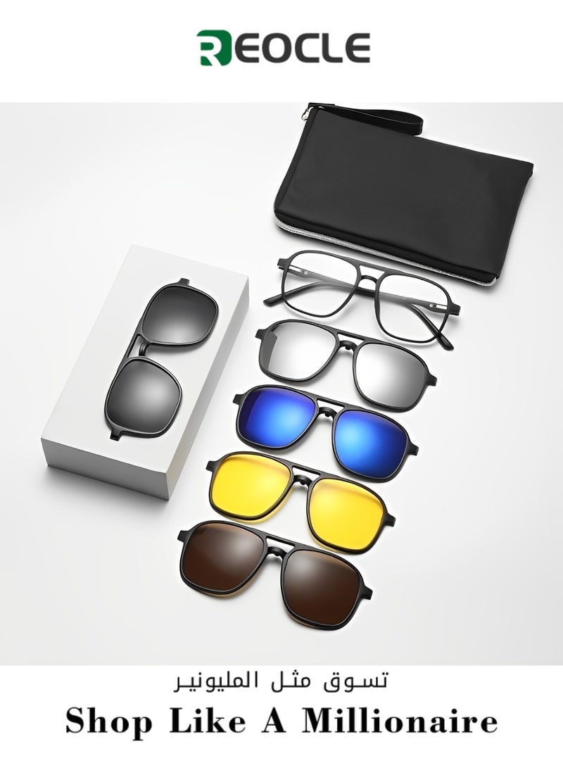 5pcs Magnetic Polarized Clip-on Sunglasses Plastic Frame for Night Driving Square Eyeglasses Fit for Men & Women