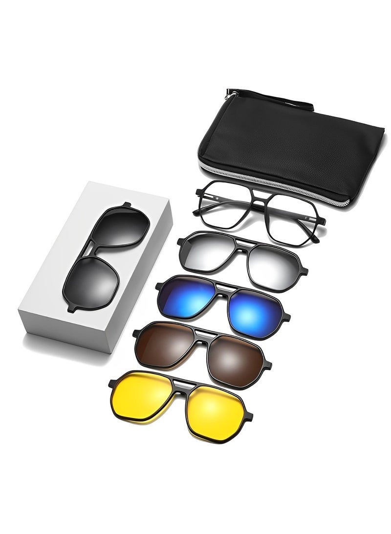 5pcs Magnetic Polarized Clip-on Sunglasses Plastic Frame for Night Driving Square Eyeglasses Fit for Men & Women