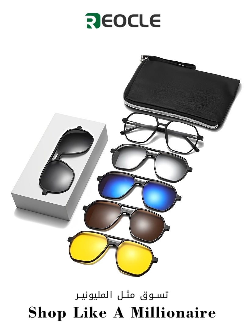 5pcs Magnetic Polarized Clip-on Sunglasses Plastic Frame for Night Driving Square Eyeglasses Fit for Men & Women