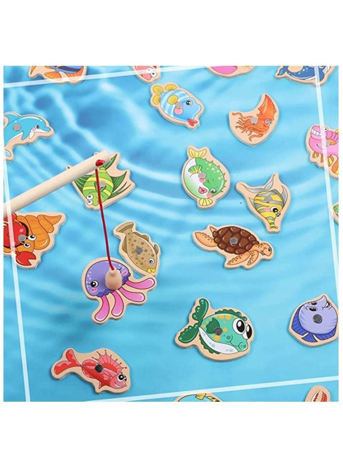 Magnetic Fishing Game, 15 Pcs Wooden Fish Educational Toys, Assorted Magnet Game Ocean Animal Games Learning Toy with Rod, for Parent-child Kindergarten