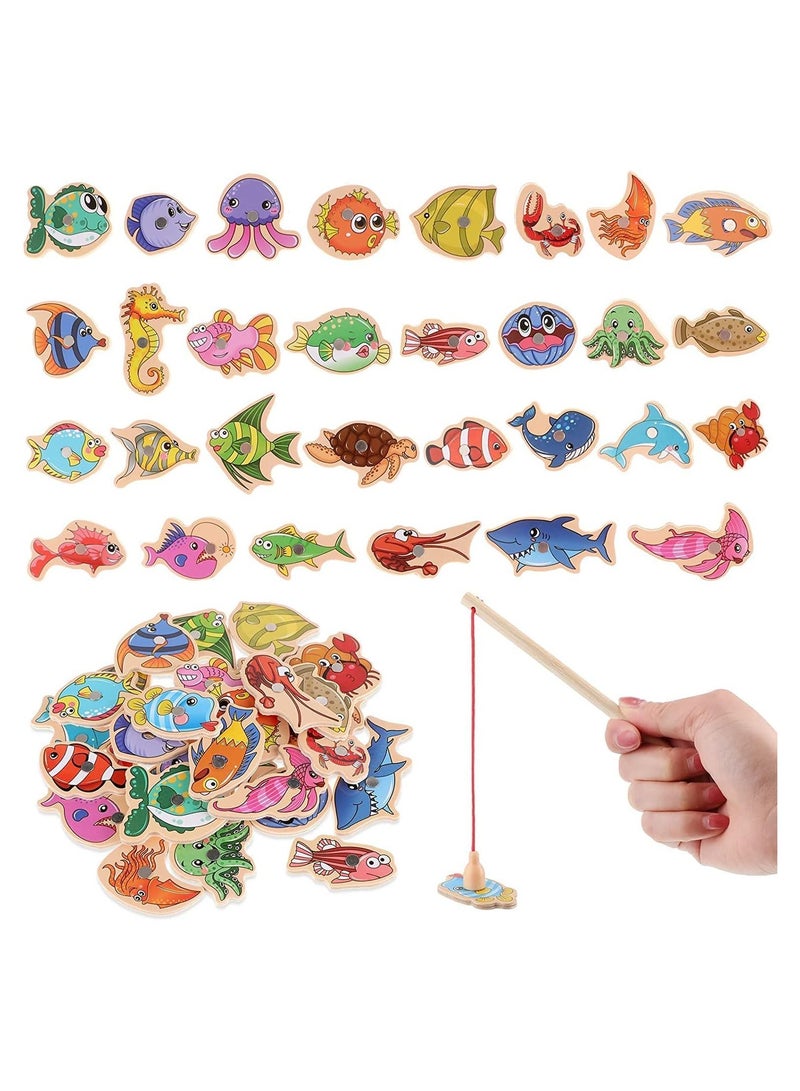 Magnetic Fishing Game, 15 Pcs Wooden Fish Educational Toys, Assorted Magnet Game Ocean Animal Games Learning Toy with Rod, for Parent-child Kindergarten