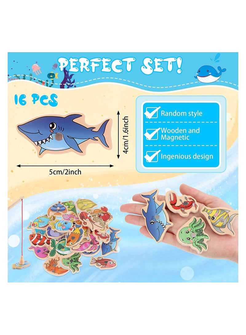 Magnetic Fishing Game, 15 Pcs Wooden Fish Educational Toys, Assorted Magnet Game Ocean Animal Games Learning Toy with Rod, for Parent-child Kindergarten