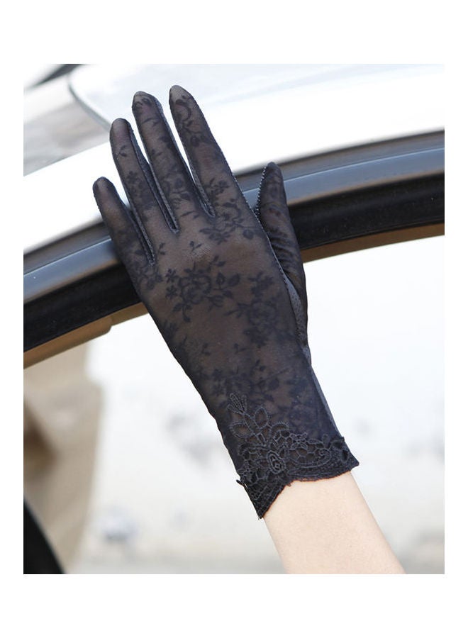 Lady Fashion Ice Silk Flower UV Protection Non-Slip Driving Screentouch Gloves Black