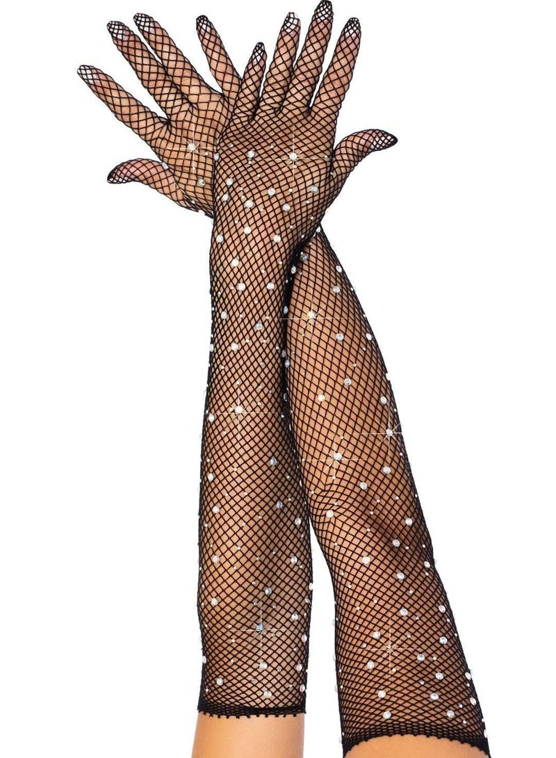 Black Fishnet Long Gloves, Women Girls 1920s Retro Five Finger Arm Sleeves with Rhinestone Clothing Accessory for Prom Party