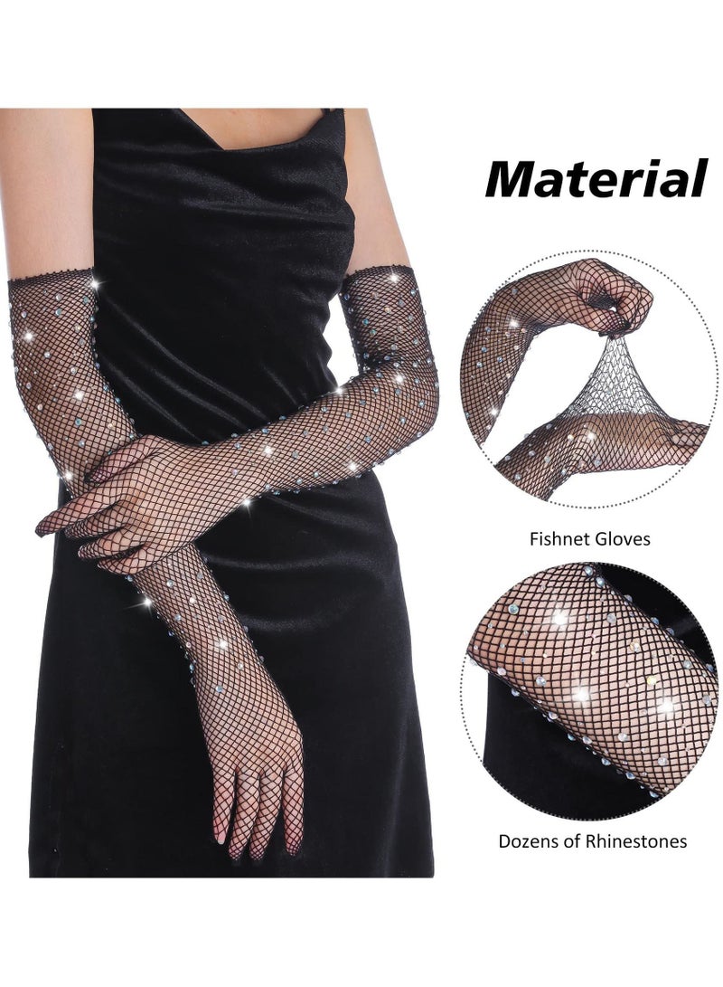 Black Fishnet Long Gloves, Women Girls 1920s Retro Five Finger Arm Sleeves with Rhinestone Clothing Accessory for Prom Party