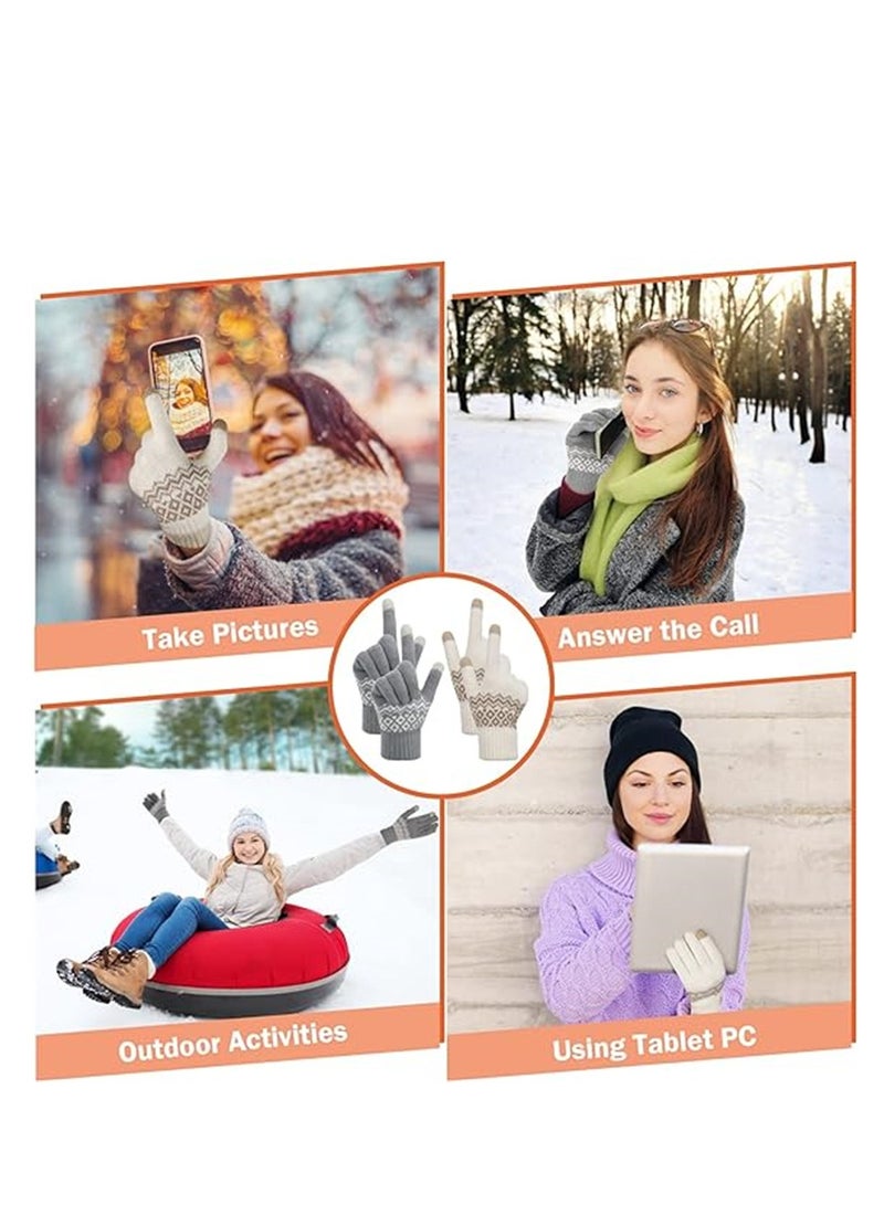 Women Winter Gloves, 2 Pairs Women’s Touch Screen Gloves, Stretch Knitted Warm Mitten Winter Thermal Ladies Gloves Smartphones Texting Gloves, One Size Fits Most, White and Grey
