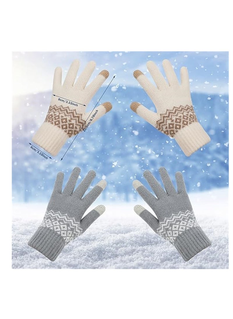 Women Winter Gloves, 2 Pairs Women’s Touch Screen Gloves, Stretch Knitted Warm Mitten Winter Thermal Ladies Gloves Smartphones Texting Gloves, One Size Fits Most, White and Grey