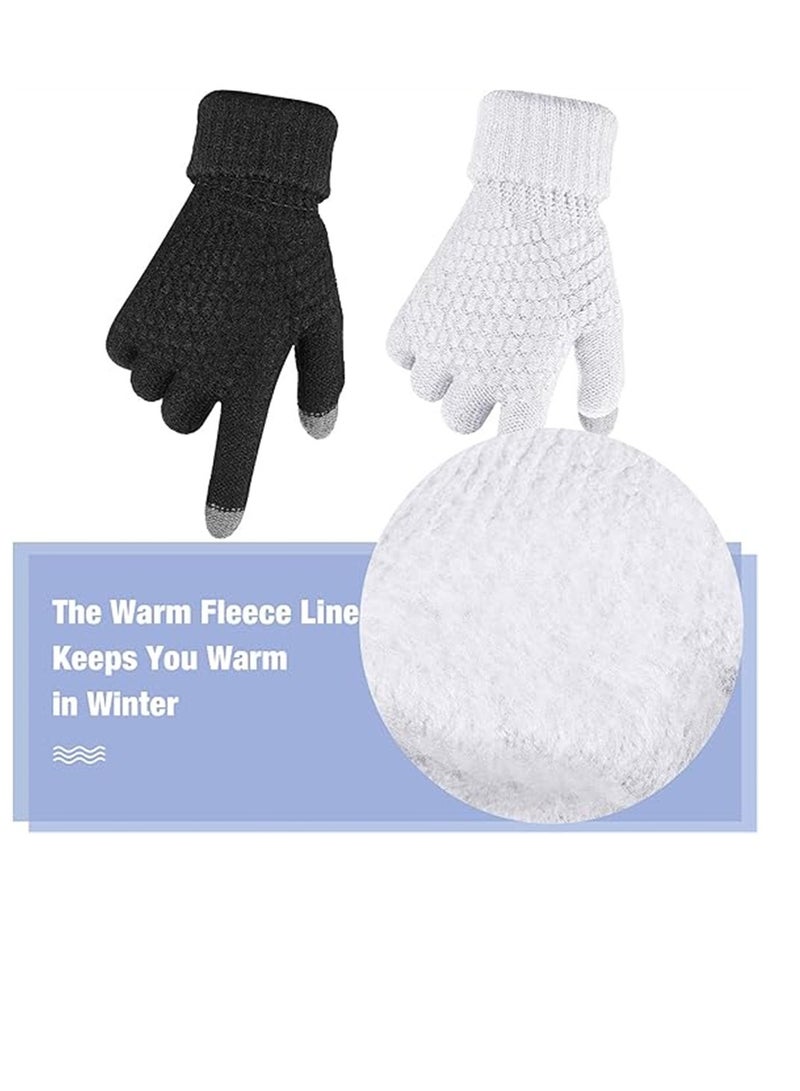Women Winter Gloves, 2 Pairs Women's Winter Touch Screen Gloves, Warm Fleece Lined Knit Gloves, Elastic Cuff Winter Texting Gloves, Black and White