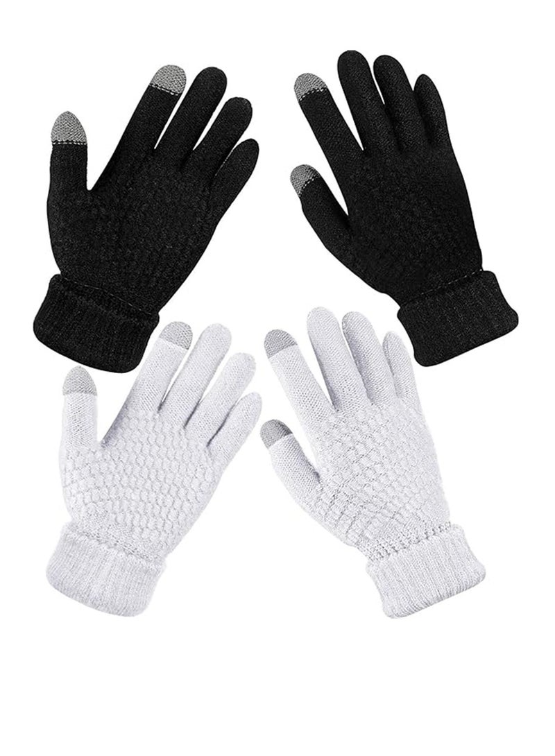 Women Winter Gloves, 2 Pairs Women's Winter Touch Screen Gloves, Warm Fleece Lined Knit Gloves, Elastic Cuff Winter Texting Gloves, Black and White